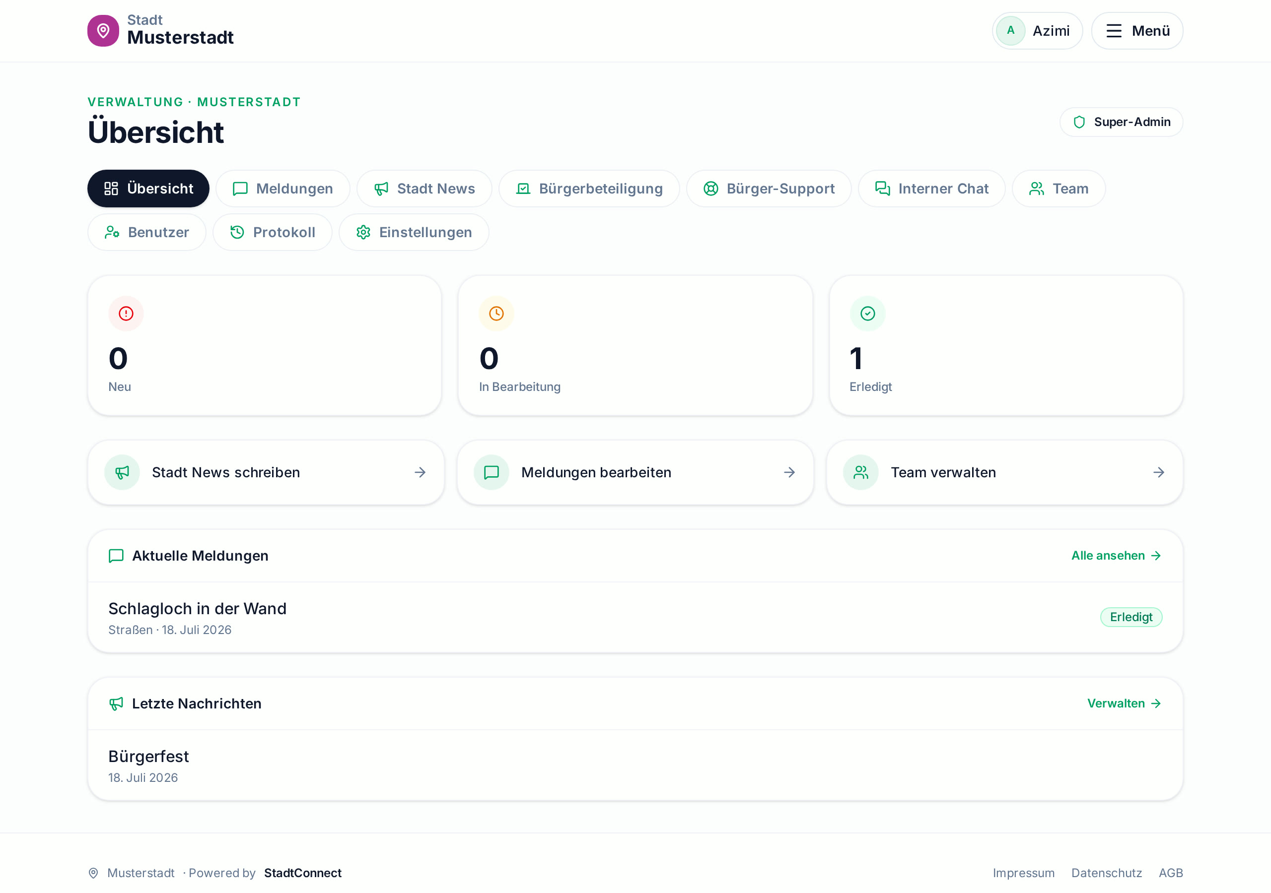 Verwaltungs-Dashboard einer Stadt mit Meldungen und Team-Bereichen